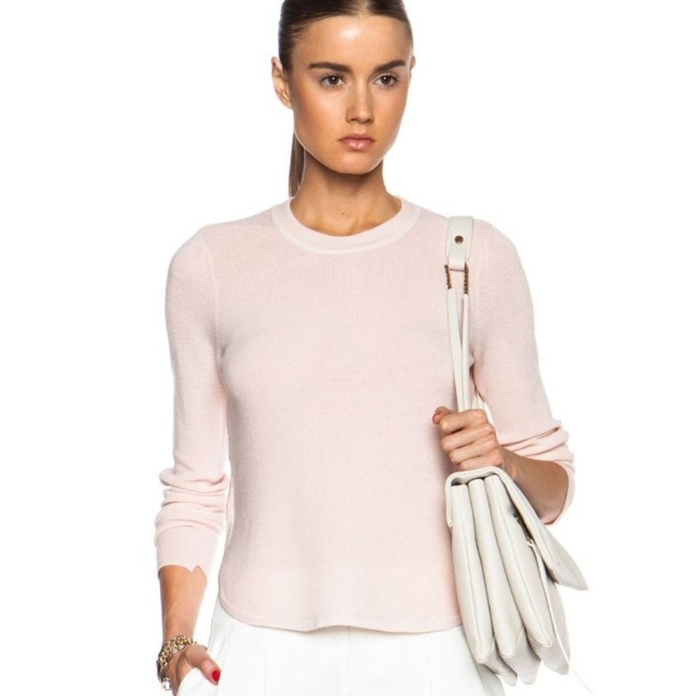 ALC Jayne Merino Wool Crewneck Sweater Shirttail Hem Pale Blush Minimalist Sz L